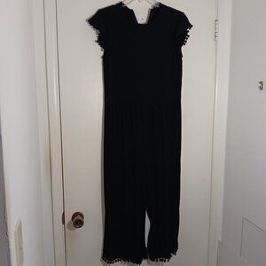 Zara woman black jumpsuit pom pom trim cropped boho